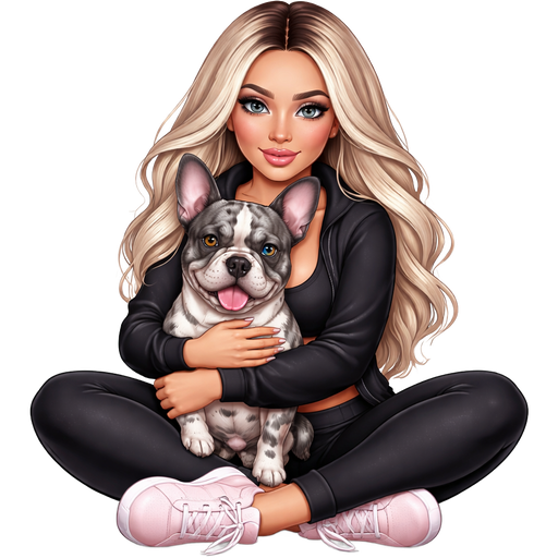 A thick waist baddie woman with icy blonde hair parted dark in the middle and gray eyes sitting in the middle of a yoga pose in black workout clothes open black sweater and light pink adidas hugging a grey merle french bulldog with one blue eye and one brown eye