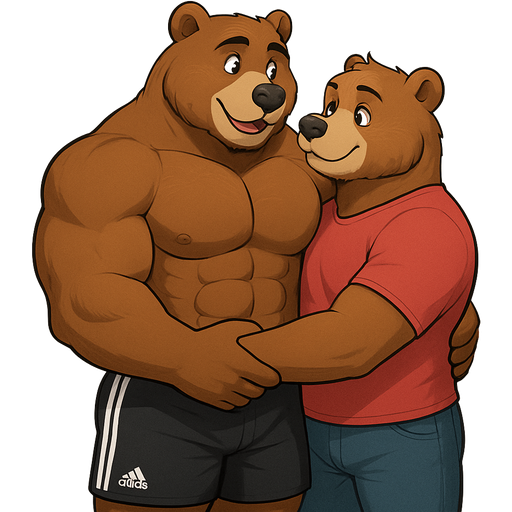 A Full BODY and FACE of a Buff and a Bara Furry Grizzly Bear with brown eyes with a wrestler type body. Wearing an Adidas Sweat Short and Shorts. Talking to his Boyfriend And Hugging him around the waist. On a Wall