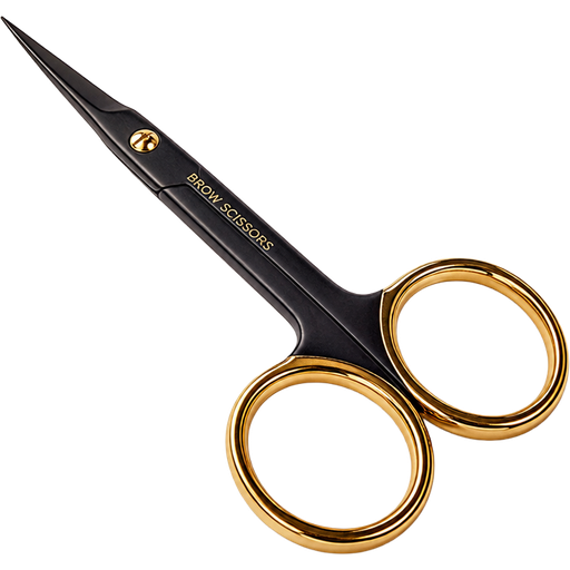 Ultra-realistic macro product shot of luxury brow scissors, sleek matte black body with refined metallic gold finger rings and precision blades, slim elongated design with perfectly aligned sharp tips, flawless polished metal with realistic reflective gold accents, subtle micro-scratches and natural imperfections for authenticity, smooth ergonomic curves with a high-end cosmetic feel, ultra-clean structure with precise symmetry, highly detailed finish, premium beauty tool aesthetic, realistic light interaction with soft specular highlights on gold elements, soft diffused studio lighting with controlled reflections enhancing depth and dimension, hyper-detailed textures, crisp sharp focus