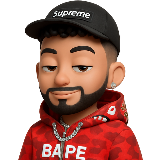 3D Memoji-style thinner male character with dark black curly, wavy hair on top and a high skin fade on the sides, clean modern look. Short trimmed, and black beard that fades smoothly into the sideburns. Wearing a red camo “BAPE – A Bathing Ape” shark hoodie with detailed zipper and hood pattern, and a black “Supreme” box-logo dad cap. Bright diamond square-cut earrings, and a diamond Cuban-link chain. Character facing the camera with a smirk and stoned low, glossy eyes. Smooth shading, high-resolution Apple Memoji aesthetic, expressive and stylish, realistic lighting, white background, emoji portrait framing.