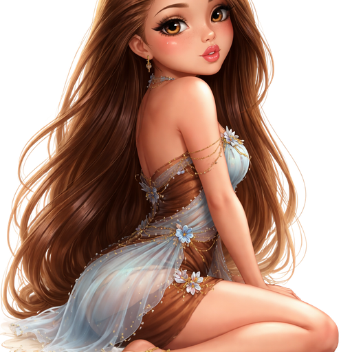 side view sitting looking over shoulder blowing a raspberry with hair completely swept over shoulder: semi-realistic soft cartoon luxury glam, mini plush Bratz-doll aesthetic, cinematic glow, crisp clean detail, glossy glam skin. brown eyed Petite 5ft girl, fair skin with soft freckles, wide face with tall forehead, honey-brown almond wide-set upturned eyes, fluttery lashes, shimmer highlight, plush lips, bottom heavy lip, sweet Belle-princess vibe, long straight brunette hair with visible caramel highlights, side-part hair all swept to the side over shoulder softly defined feminine body, full round bust, dressed as a light blue and brown nymph. full body showing. Cozy romantic glow, soft warm lighting, pop-princess energy