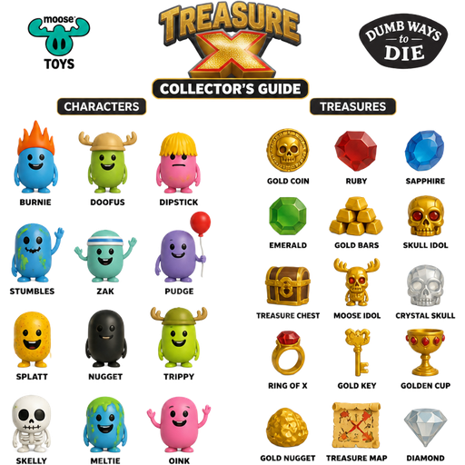 moose toys treasure x dumb ways to die collectors guide characters names on left and all treasures names on right