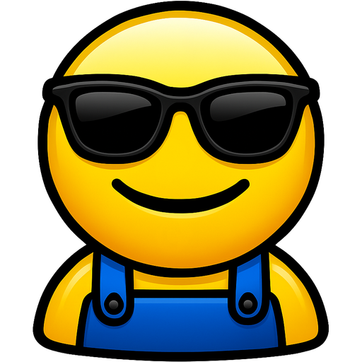 Emoji-style blue overall (workwear) wearing black sunglasses and a confident smiley expression. Glossy, bold outline, white background.