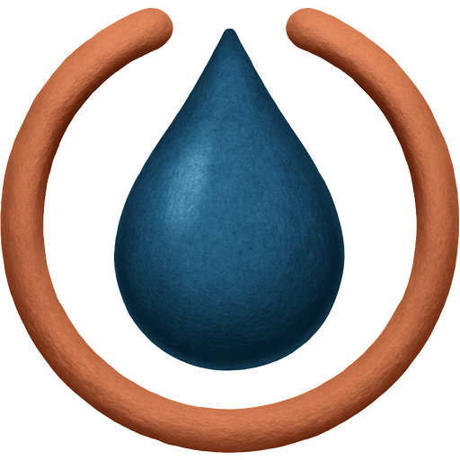 An irregular dark blue teardrop is gently encircled by a terracotta horseshoe or open circle, not constricting it. Beige background. Represents holding space without judgment.