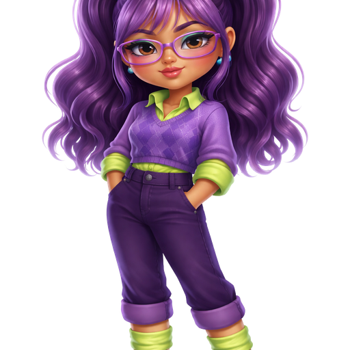 Plum Pudding with a Medium-Tan Cool Medium Beige Skin Tone with a Uni-Lip Shape with a Moonstone Eyelash Setup Completing the Look with a Guest List Lipstick Finish with a Neutral Pastel Blue Eyeshadow with a Small Eye Shape and a Base-Down Triangle Face Shape with Purple Hair and the Bangs having Light Purple Highlights with a Half-Up-Half-Down Hairstyle in Two Ponytails with Blue Elastic Bubble Hair Ties Wearing Purple Rectangle Metal Glasses With Rosy Red Cheeks also Wearing a Lime Green Button-Up Long Sleeve Shirt with the Bottom of the Sleeves Rolled up With a Short Purple Sweater and A Dark Purple Diamond Checkerboard Pattern Wearing Dark Purple Pants with a Silver Button on the Side and the Bottom of it Rolled up with Long Lime Green Rolled Up Socks and Dark Purple Flats adding a Voluminous Glazed Complexion with a 3D Naturalistic Animation and a Mature Adult Toned Build with Luxury Glossy and Refined Pristine Set Up With a Theatrical Appearance
