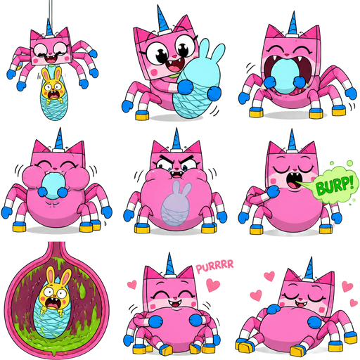 comic pink cat white wrists blue hands white ankles yellow feet unicorn horn drider wrapping yellow rabbit light cyan rabbit shaped cocoon hanged to the top pink cat white wrists blue hands white ankles yellow feet unicorn horn drider swallows a light cyan rabbit shaped cocoon whole pink cat white wrists blue hands white ankles yellow feet unicorn horn drider gulps down rabbit shaped cocoon pink cat white wrists blue hands white ankles yellow feet unicorn horn drider burps pink cat white wrists blue hands white ankles yellow feet unicorn horn drider relaxing purring happily
webbed cocooned yellow rabbit screaming in a stomach with green slime with the unikitty style