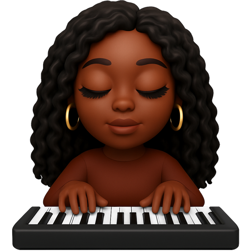 Black woman chocolate with long curly black hair with long full fluffy eyelashes wearing earrings playing the keyboard
