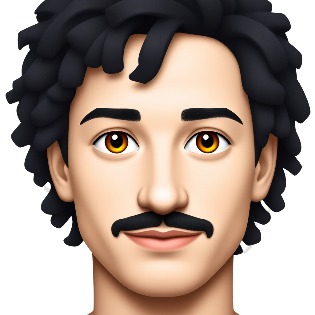 A young man’s face with a very short curly black hair, almond-shaped hazel eyes with a long lashes, thick black eyebrows, a slightly broad short nose, slightly large pink lips, and a black mustache with shaved beard .