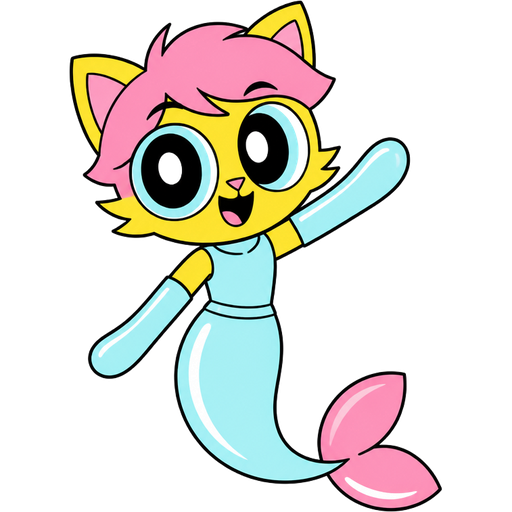 yellow boy cat furry with pink hair and light cyan very long rubber gloves light cyan dress tucked in light cyan mermaid tail with white highlights with pink tail fins (powerpuff girls version)