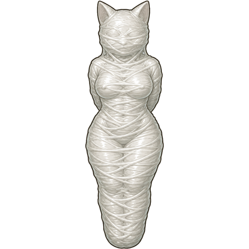 sticky slik mummy-like-cocoon female cat girl anthro entombed wrapped up and mummified fully covered in a spider slik cocoon shaped like female cat girl anthro with arms behind back with spider slik wrappings completely covered with thick layers non-transparent spider slik wrappings front view