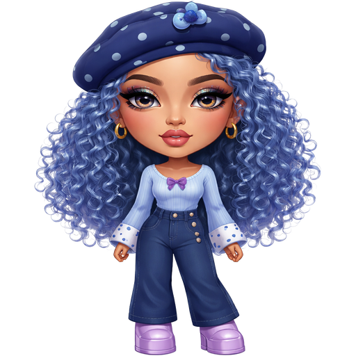 Blueberry Muffin with a Neutral Olive Beige Skin Tone adding to it a Heavy Upper Lip furthering the Deepset Eyelashes with a Velvety Matte Mauve Moment Lipstick Style Finish with a HD Glitter Eyeshadow Makeup Look with a Modern Tail-Arched Eyebrow and also Wide Set eyes, Going into a Rectangular Face Shape and a Mature Adult Toned Build and Deep set Earlobes Wearing a Dark Blue Beret with Light Blue Polka Dots all around it and a Light Blue Blueberry Clip at the Very top with Fizzy Curly Blue Hair with a Blue Long Sleeve Shirt with the Top of the Neckline being White with Blue Polka Dots and the bottom of the Sleeve are White with Blue Polka Dots and also the shirt has a thin Purple Bow in the Middle Wearing Dark Blue Pants and 4 Buttons on the Side and Purple Lilac Boots with Vivid and Distinct Features and Visual Texture in an Intense Polished Shine