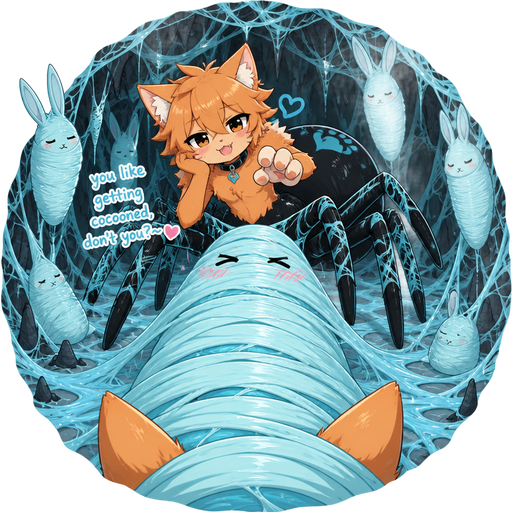 pov you in first person view getting mummified by boykisser drider hybrid you like getting cocooned, don't you? Orange cat with light cyan spider slik webbings wrapped up in a light cyan spider slik mummy in a light cyan spider web next to boykisser drider hybrid in a cave with cyan spider webs and cyan spider slik mummified rabbits