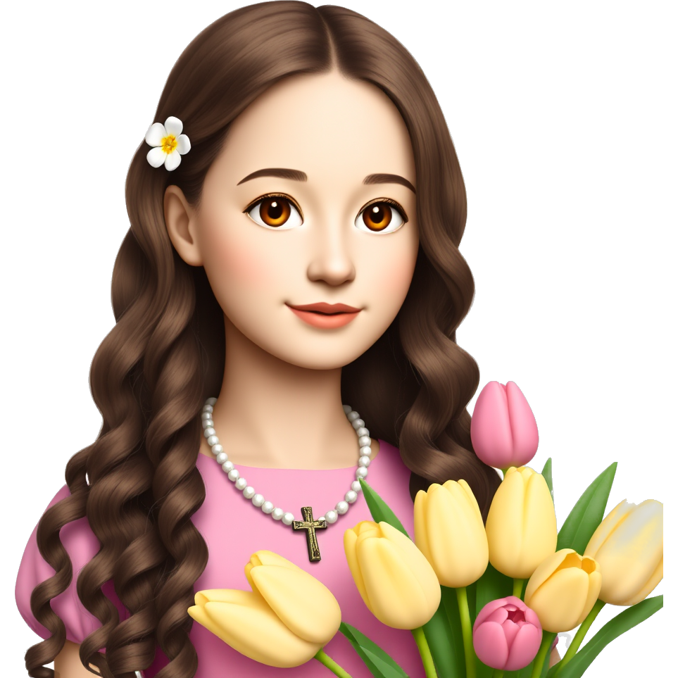 Girl with brown long curly hair, light skin, flower earrings, brown eyes, a cross Pearl necklace around her neck, cute pink Dress,and with a bouquet of yellow and pink tulips