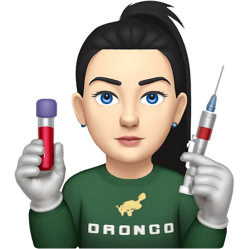 A woman with white skin, a septum ring, long black hair pulled straight back into a messy folded over top ponytail, thin high arched eyebrows, pale blue eyes, wearing a green ford bronco sweatshirt, wearing light grey latex gloves, holding a purple top tube of blood and a syringe half full of blood