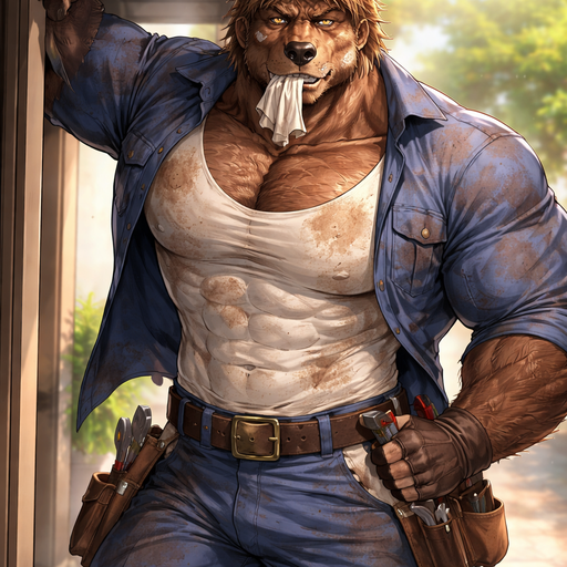 A Full BODY and FACE of a Muscular, Buff and a Gigantically Muscular with Chunky Gigantic Pecs AND biceps and a BIGGER head with the Perfect Waist. VERY Masculine and handsome ANIME Animated Bara Furry Grizzly Bear with a VERY Good-looking and Mature Face and brown eyes with a wrestler type body and Hair on his chest. Wearing a Tight Button up Handyman Uniform and a Plain White shirt under it and Dirt on his Face and clothes sweating. With a Rag in his mouth and Bandaid in his mouth at someone’s house leaning with his hand on the wall