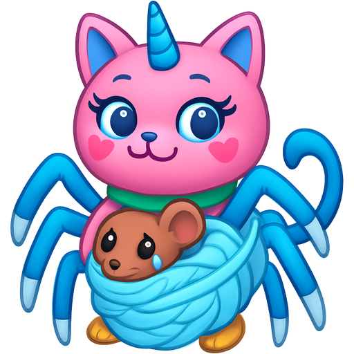 giant pink cat spider hybrid with blue unicorn horn green collar blue eyes with eyelashes heart shaped cheeks white wrists blue hands white ankles yellow feet blue tail and with white stripe happy hugging #B8FFFF cocoon slikworm cocooned pod brown mouse worried and teary eyes completely covered with #B8FFFF huge coating of #B8FFFF spider slik and huge #B8FFFF spider slik wrappings and huge #B8FFFF spider slik webbing wrappings cocoon #B8FFFF cartoon style emoji, fun expressive character
