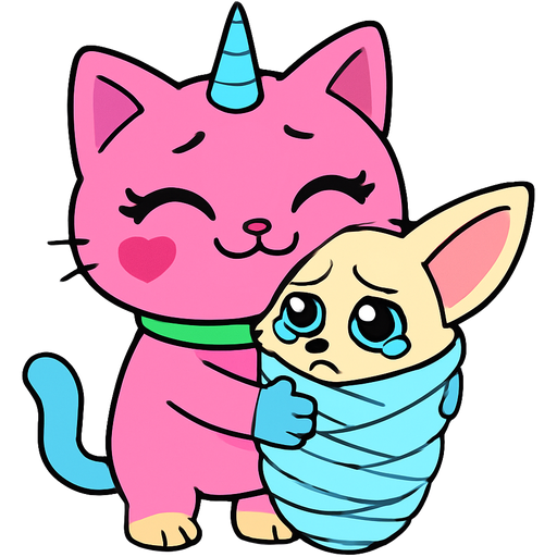 giant pink cat with blue unicorn horn green collar blue eyes with eyelashes heart shaped cheeks white wrists blue hands white ankles yellow feet blue tail and with white stripe happy hugging #B8FFFF slikworm cocooned pod fennec fox worried and teary eyes covered with #B8FFFF huge coating of #B8FFFF slik and huge #B8FFFF slik wrappings and huge #B8FFFF webbing wrappings #B8FFFF