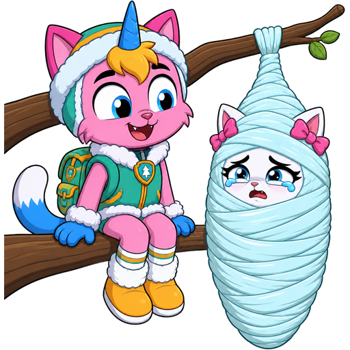 happy pink cat anthro furry boy drider with yellow hair blue and white tail white wrists blue hands white socks yellow boots green collar blue unicorn horn based on unikitty wearing everest's hat and everest's clothing with everest's backpack sitting on a branch next to wrapped up and mummified fully covered in a #B8FFFF spider slik cocoon shaped like anthro white cat female anthro two pink hair bows whimpering teary eyes with arms behind back with #B8FFFF spider slik wrappings completely covered with thick layers non-transparent #B8FFFF spider slik wrappings hanged to the branch