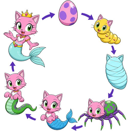 Life cycle of pink cat purple egg green spider cat hybrid with blue mermaid tail yellow larva light cyan cocoon pink cat pink cat with green snake like body pink cat with light cyan mermaid tail princess cute sonic x version