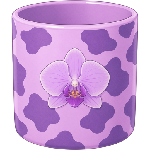 ghibli style | empty orchid #AF69EE cow print on a lavender (#E4A0F7) mug | eye-level view + close up | no handle