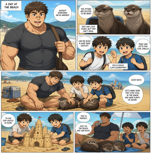 A DETAILED AND LIFELIKE ANIME Comic Book story view of a Bulky but Muscular ANIME Cute Bara Man With Peach toned skin Who looks Normal aind round facial Structure and Basic facial structure With Puffy and Big Pecs that are visible through the shirt and Biceps and Bandaid on his nose and Brown Fluffy and Strait hair. Wearing normal With his pet Grown and healthy Otters and 2 little brothers that are in Late elementary grades. they all go to the beach and have fun, but don’t go into the water because the otters can’t swim so they have fun in the sand.