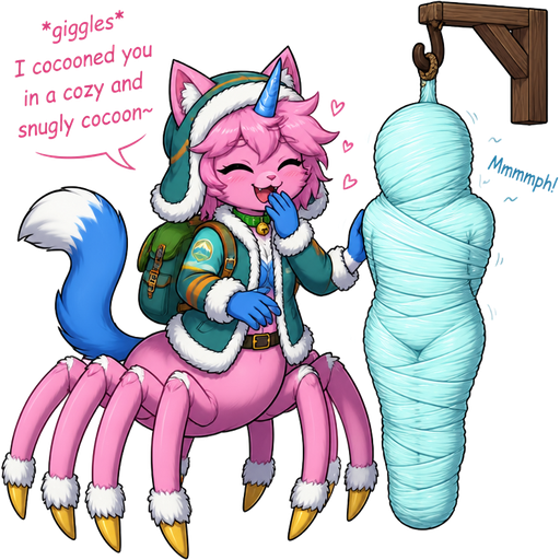 happy anthro femboy pink cat drider with blue and white tail white wrists blue hands white ankles yellow tips on spider legs green collar blue unicorn horn wearing everest's hat clothing with backpack *giggles* I cocooned you in a cozy and snugly cocoon next to wrapped up and mummified fully covered in a #B8FFFF spider slik cocoon shaped like boy in blue underwear arms behind back with #B8FFFF spider slik wrappings completely covered with thick layers non-transparent #B8FFFF spider slik wrappings Mmmmph! hanged to the wooden hook