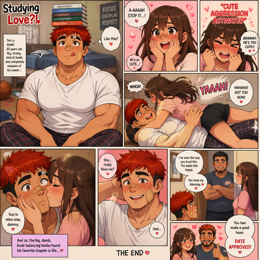 A Full page Anime Comic book story about of a masculine and Bulky ANIME Cute Bara Man American 20 year old with a ROUND and BASIC facial structure and TENAGE BARA CUTE MALE not to detailed With bigger than average Pecs that are visible through the shirt and Biceps and a big Bandaid on his nose and Left Cheek and Right Eye brow. Wearing a no piercings Baggy White shirt and pajamas pants and Red Hair and Bright Orange Hair Tips and Strait with brown eyes and black eyebrows. Sitting down looking up And Balances Books on his head and Licking his lips and making her blush and having cuteness aggression against him. She laughs and she takes him down while play figh. And she kisses him on the Cheek and the parent comes in and gives the blessing that she can date there son