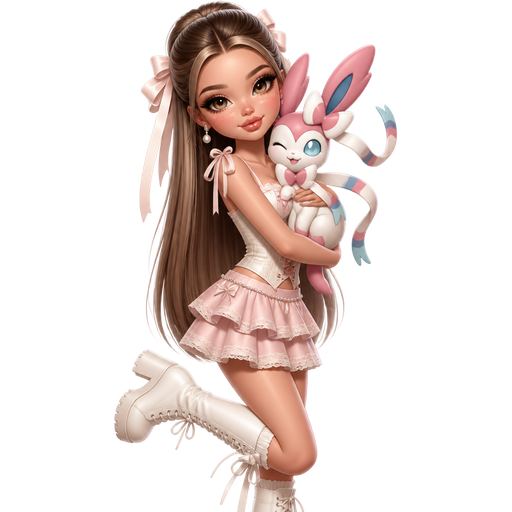 semi-realistic soft cartoon luxury glam, mini plush Bratz-doll aesthetic, cinematic glow, crisp clean detail, glossy glam skin. brown eyed Petite 5ft girl, fair skin with soft freckles, wide face with tall forehead, honey-brown almond wide-set upturned eyes, fluttery lashes, shimmer highlight, plush lips, bottom heavy lip, sweet Belle-princess vibe, long straight brunette hair with visible light blonde highlights, wearing a pastel pink and cream sweetheart corset top with ribbon straps, a soft blush layered mini skirt with bow details, white knee-high lace-up boots, pearl earrings, long hair in a half-up style with silky ribbon ties, holding Sylveon from Pokémon while smiling sweetly and posing with one leg bent