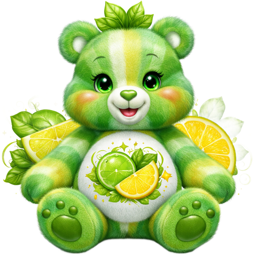 Citrus Sparkle Care Bear With Emerald Green, Seafoam Green, Lime Green and Canary Yellow Striped Pattern Fur With a Green Lime and a Yellow Lemon Behind it with Green Curled Lines and A Green Heart on the Lime and Yellow Curled Lines and a Yellow Heart on the Lemon and 3 green Stars with a surrounding the Left side and 3 Yellow Stars Surrounding the Right Side of the Stomach with 3 Leaves as Tufts of Hair and a Light Green Heart Nose