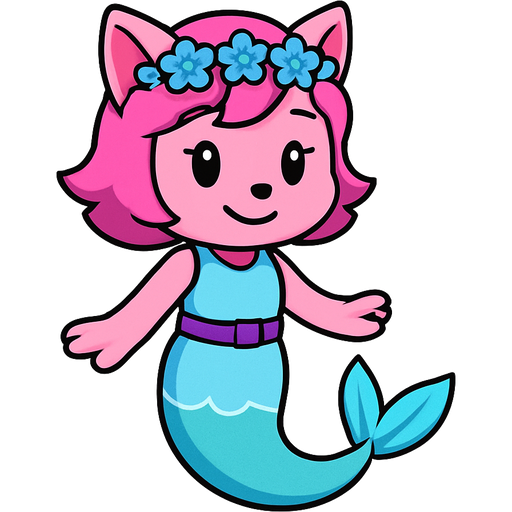 Male pink anthro cat with pink hair blue flower crown with light blue dress attached to purple collar belt long cyan and white mermaid tail with blue fins sonic x style
