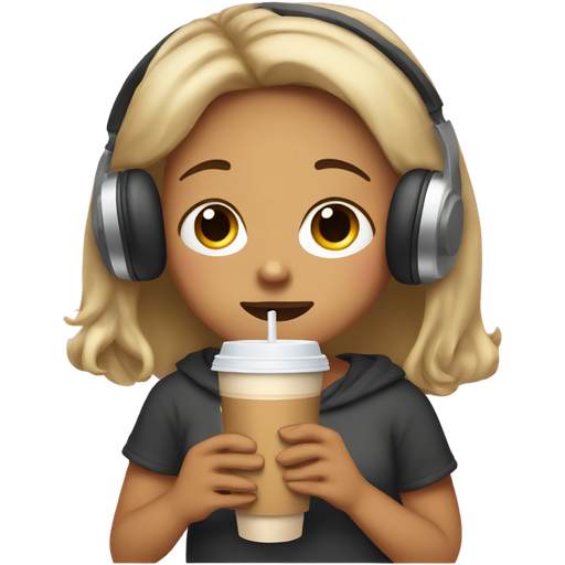 Create an emoji of a girl being sad and she is drinking an iced coffee and listening to music. She is crying but she is very pretty