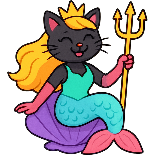 black anthro cat happy #B8FFFF mermaid tail with pink fins and long pink gloves yellow hair crown green swimsuit sitting on a purple clam holding a trident artistic creation, beautiful art
