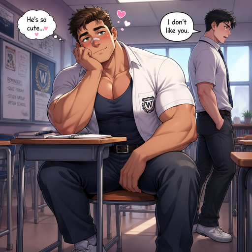 A Full Body view of a Chunky medium sized but Muscular and more Muscle than Fat ANIME CUTE Bara Man Who looks Normal and American with a round facial Structure and Basic facial structure With PUFFY and BIG Pecs that are visible through the shirt and Biceps with a cut on his nose. Wearing an unbuttoned School Uniform. At his desk in class and looking into his eyes and thinking he’s cute. His male crush says “I don’t like you”