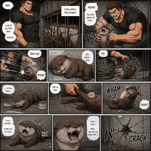 A DETAILED AND LIFELIKE ANIME Comic Book story view of a Bulky but Muscular ANIME Cute Bara Man With Peach toned skin Who looks Normal aind round facial Structure and Basic facial structure With Puffy and Big Pecs that are visible through the shirt and Biceps and Bandaid on his nose and Brown short hair that makes them look tough. Wearing normal A Few otters in a cage. and the otters excessively got bullied by him. Lays on its side and whimpers. And then later the otter flies to the floor. and lays there and tries to Limps away but is Stopped and Flies To the Wall and Lay‘s there and in a weak voice gets mad at him and he Cries but then something cracks