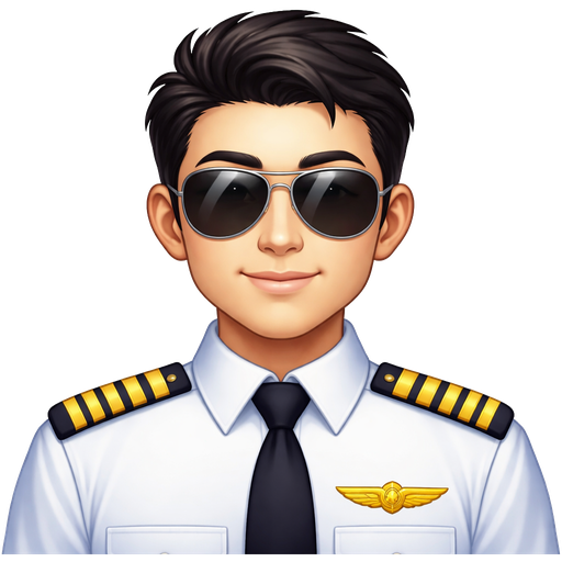 An Asian guy with pilot uniform and sunglasses, a pilot stripe badge with five yellow stripes on the shoulder