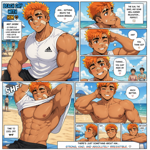 A Full page Anime Comic book story about of a masculine and Bulky ANIME Cute Bara Man American 20 year old with a ROUND and BASIC facial structure and TENAGE BARA CUTE MALE not to detailed With bigger than average Pecs that are visible through the shirt and Biceps and a big Bandaid on his nose and Left Cheek and Right Eye brow. Wearing a no piercings Baggy White sleeveless Adidas Athletic shirt and Short and Orange Hair and Brighter Yellow Hair Tips and Strait with brown eyes and black eyebrows. Sitting down Hot,Cute and Dreamy smile and doing other cute and Hot stuff at a Beach Taking off his shirt