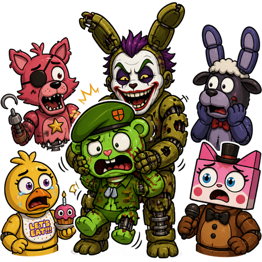 comic fnaf movie flippy gets springlocked failure the joker as springlock suit flippy as William afton pinkfong as foxy shaun the sheep as bonnie emily elizabeth as chica unikitty as freddy fazbear