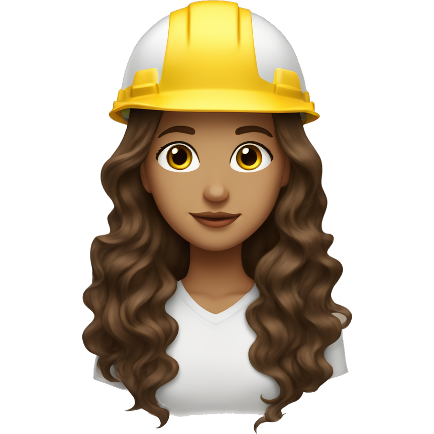 Wearing yellow hard hat. White girl. Long chocolate brown wavy hair. Hair is middle part. Brown eyes. Long eyelashes. Full lips. Beautiful. Pretty.
