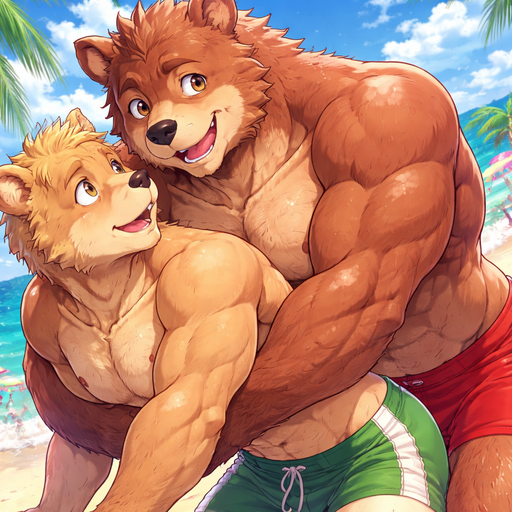 A Full BODY and FACE of a Buff and a Bara Furry Grizzly Bear with brown eyes with a wrestler type body. At the Beach. Talking to his Boyfriend looking back at him. Leaning over him and Grabbing him around the Waist