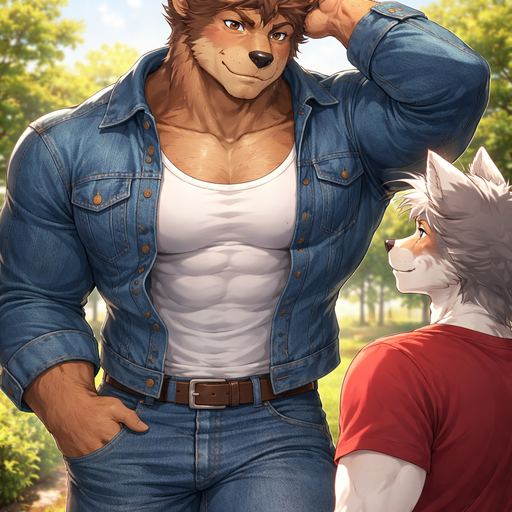 A Full BODY and FACE of a Muscular and Buff and a Gigantically Muscular with Chunky Gigantic Pecs AND biceps and a BIGGER head with the Perfect Waist. VERY Masculine and handsome ANIME ANIMATED Bara Furry Grizzly Bear with a VERY Good-looking and Mature Face and brown eyes with a wrestler type body. Wearing a BUTTONED UP in a Jean Jacket and Jeans at a park. With his American Crush. Makes eye contact with him and tussles the back off his hair and blushes