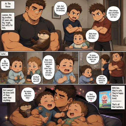 A DETAILED AND LIFELIKE and detailed anime Comic Book story view of a Bulky but Muscular ANIME Cute Bara Man With Peach toned skin Who looks Normal aind round facial Structure and Basic facial structure With Puffy and Big Pecs that are visible through the shirt and Biceps and Bandaid on his nose and Brown short hair that makes them look tough. Wearing normal With his pet Grown and healthy realistic otter and 2 little brothers that despises the baby and the baby knows and baby that are in different ages but young. At the house, the baby is with his best friend baby on a play date and the baby tells the baby‘s best friend that he isn’t favored by the brothers and the baby‘s best friend is scared and the brother‘s hate the baby. And the baby guys to impress the other brothers but the only brother that Lawson was the big one. And cries, and and speaks grammatically incorrect. and the big brother has so much fun with the babies and watches their show with them and cuddles and kisses both of them