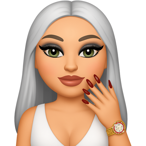 Make me oval face and make me wear a white open hot dress Make me with blck glittery eyeshadow rosey chicks juice nude dark brown glossy nails with cat eye and green eyes and silver long hair with long red nails wearing a Rolex red rubies
