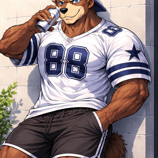 A Anime Full BODY and FACE of a Muscular and Buff with Gigantic Pecs AND biceps. VERY Masculine and handsome Bara Furry Bear with a Very Good-looking and Dreamy Face and Blue eyes with a wrestler type body. Dressed in a Baggy Dallas Cowboys Jersey and Black shorts and Backwards Baseball Hat. Leaning on the wall drinking a Beer