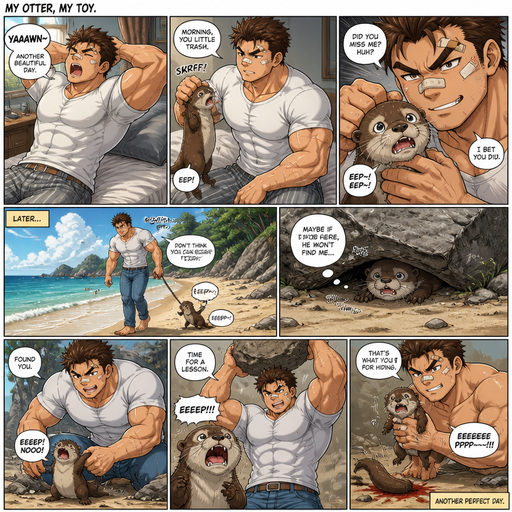 A COMIC BOOK STORY very lifelike and Detailed Full page Anime Comic book story about of a Bulky ANIME Cute Bara Man American 20 year old with a ROUND and BASIC facial structure and Young Adult BARA CUTE that is Peach Toned skin not anything else MALE not to detailed With bigger than average Pecs that are visible through the shirt and Biceps and a big Bandaid on his nose and Left Cheek and Right Eye brow with Scars all over his Chest and arms. Wearing a white shirt that is tight around the waist and Jeans drenched in sweat and Short and Brown strait Fluffy Hair and Strait with brown eyes and black eyebrows with a Three finger Slash on his Eyebrow. With no Facial Hair. Waking up in the morning in pajamas and his pet baby Unathletic otter but Excessively bully’s it by holding his collar around his neck. And then they go to the beach and try’s to hide under the rock and he finds the otter and then looses his tail from a boulder Excessively bully’s him more