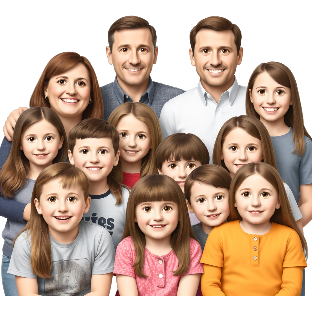 Mum & dad 1 daughter, two sons, one daughter-in-law, two grandsons and one granddaughter girls and 16 boys all 10 years old we all have brown hair and brown eyes