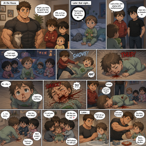 A DETAILED AND LIFELIKE LONG Anime Comic Book story view of a Bulky but Muscular ANIME Cute Bara Man With Peach toned skin Who looks Normal aind round facial Structure and Basic facial structure With Puffy and Big Pecs that are visible through the shirt and Biceps and Bandaid on his nose and Brown short hair that makes them look tough. Wearing normal With his pet Grown and healthy realistic otter and 2 little brothers and baby that are in different ages but young. At the house and the baby is having A Sleep over and is scared that his brother‘s are going to ruin it And they think the baby is beneath them and the baby has a sleepover and the baby sleeps in a comfy bed then the baby flys to the floor from one of the brothers and red comes from the baby’s nose and is on the floor and stained a shirt. and the baby looks up at the brothers and tears filled his eyes but is used to not get nice things. And the baby’s face jerks to the left from him and a lot red comes from his mouth and His nose. And he lowers his head To his brother and embarrassed infront of its friend that are also babys At the Baby‘s sleep over. And Crawls to his frineds for protection and they stick up for and loves him. And he gets bandaids and Washes the red