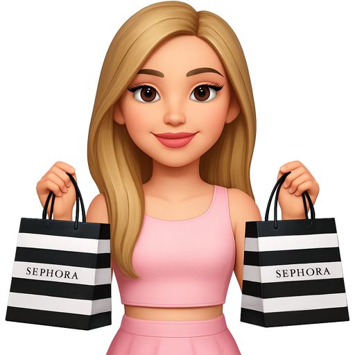 Preppy girl, blonde, long hair, dirty blonde with makeup, and the skirt lower and the top higher that it showed the stomach and cut off the long sleeves, holding Sephora bags with a pink light, pink skirt and a light pink top