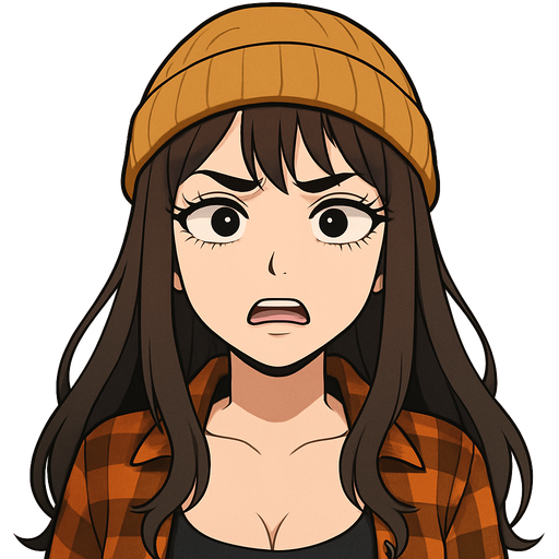 28 year old baddie long dark brown hair with wispy bangs, extra long eyelashes, with a thin nose ring hoop on her nostril, full but not too big lips, wearing a yellowish brown beanie, black low cut tank top with orange and black unbuttoned flannel, looking straight and center, with a super confused face