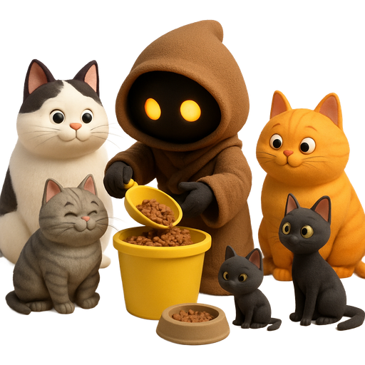 A cute Jawa scooping cat food from a yellow bucket into a pet food bowl. He is surrounded by a large white and black cat, a fat gray tabby cat, a fat orange cat, a skinny black cat, and a small solid dark gray cat