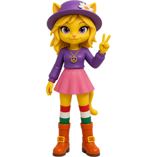 action figure Yellow cat anthro with purple eyes blonde hair purple hat with white flower peace sign necklace purple long sleeved shirt pink skirt long red white green socks orange boots with yellow buckles